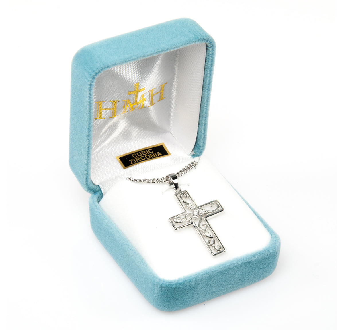 Crystal Cubic Zirconia Vine Cross Necklace, Sterling Silver