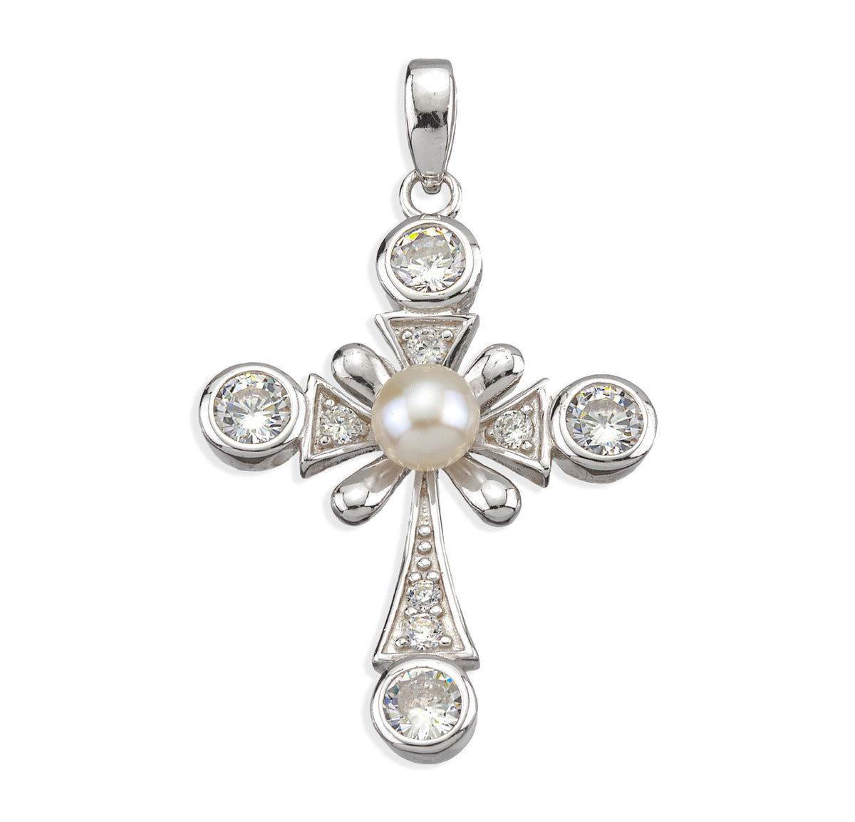 Cross Necklace with Freshwater Pearl Center and Accents, Sterling Silver