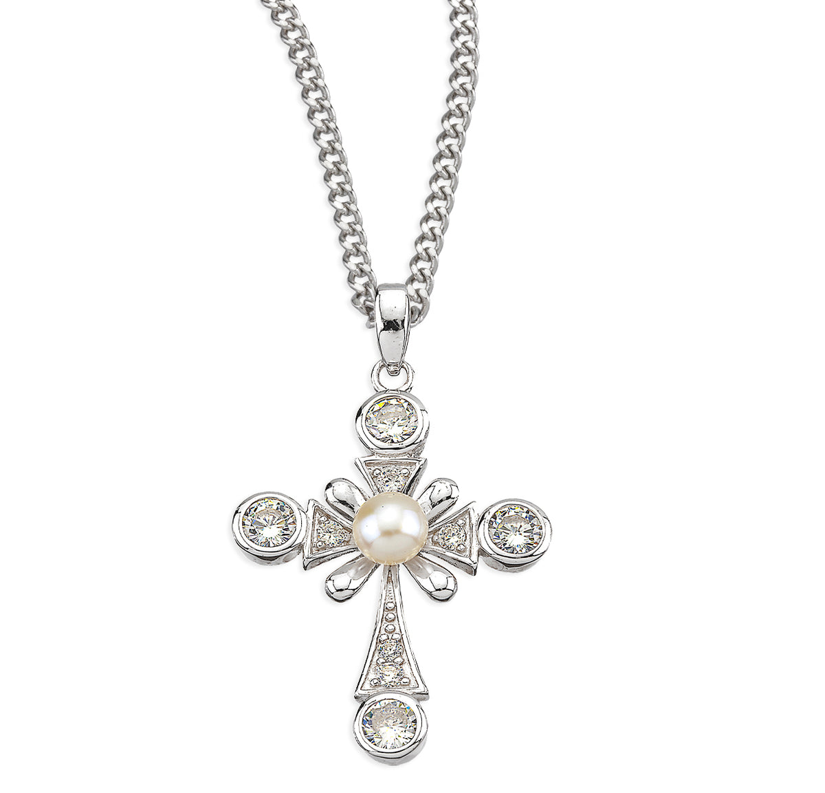 Cross Necklace with Freshwater Pearl Center and Accents, Sterling Silver