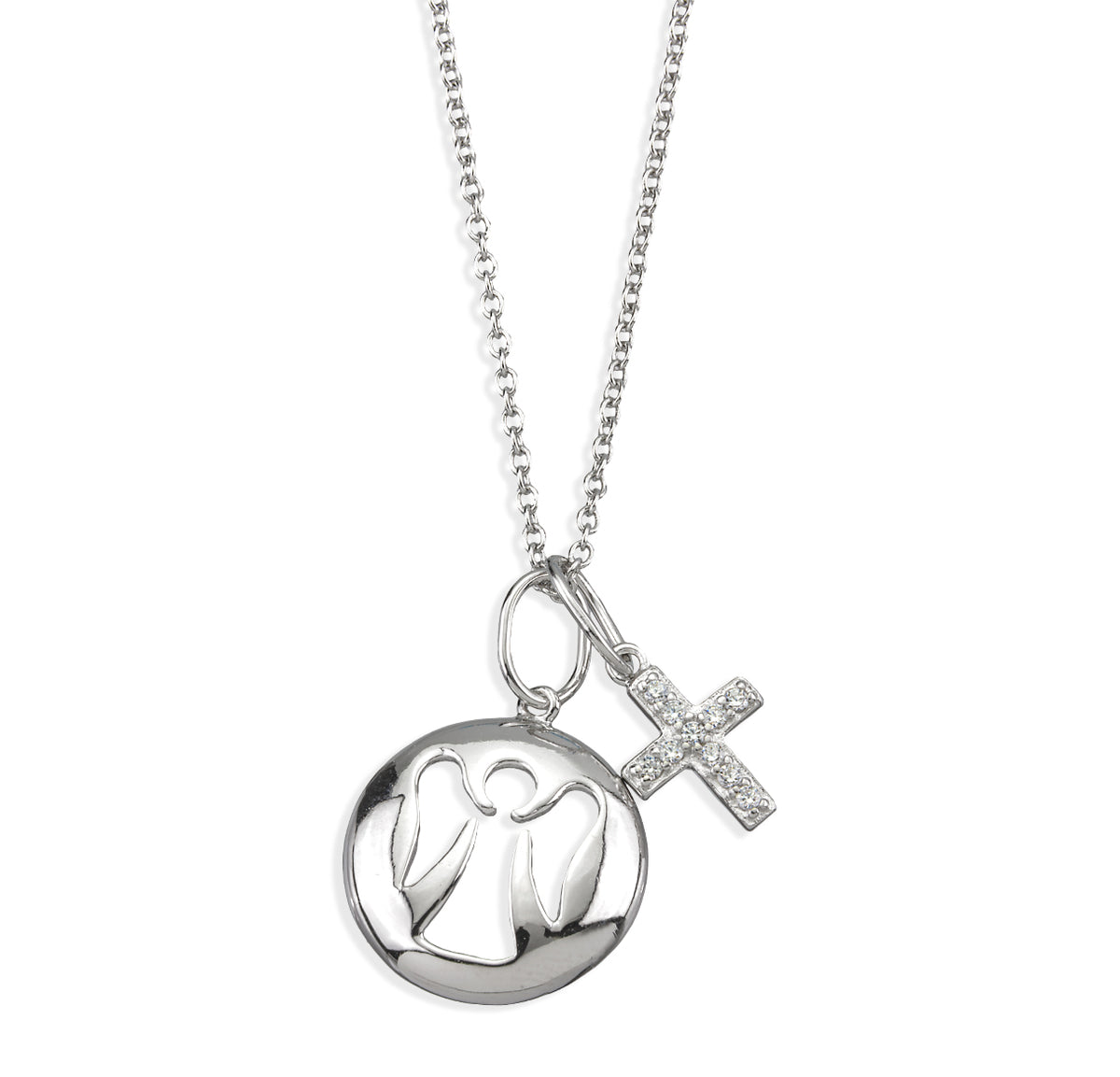 Child's Guardian Angel Medal and Cross Charm Necklace, Sterling Silver