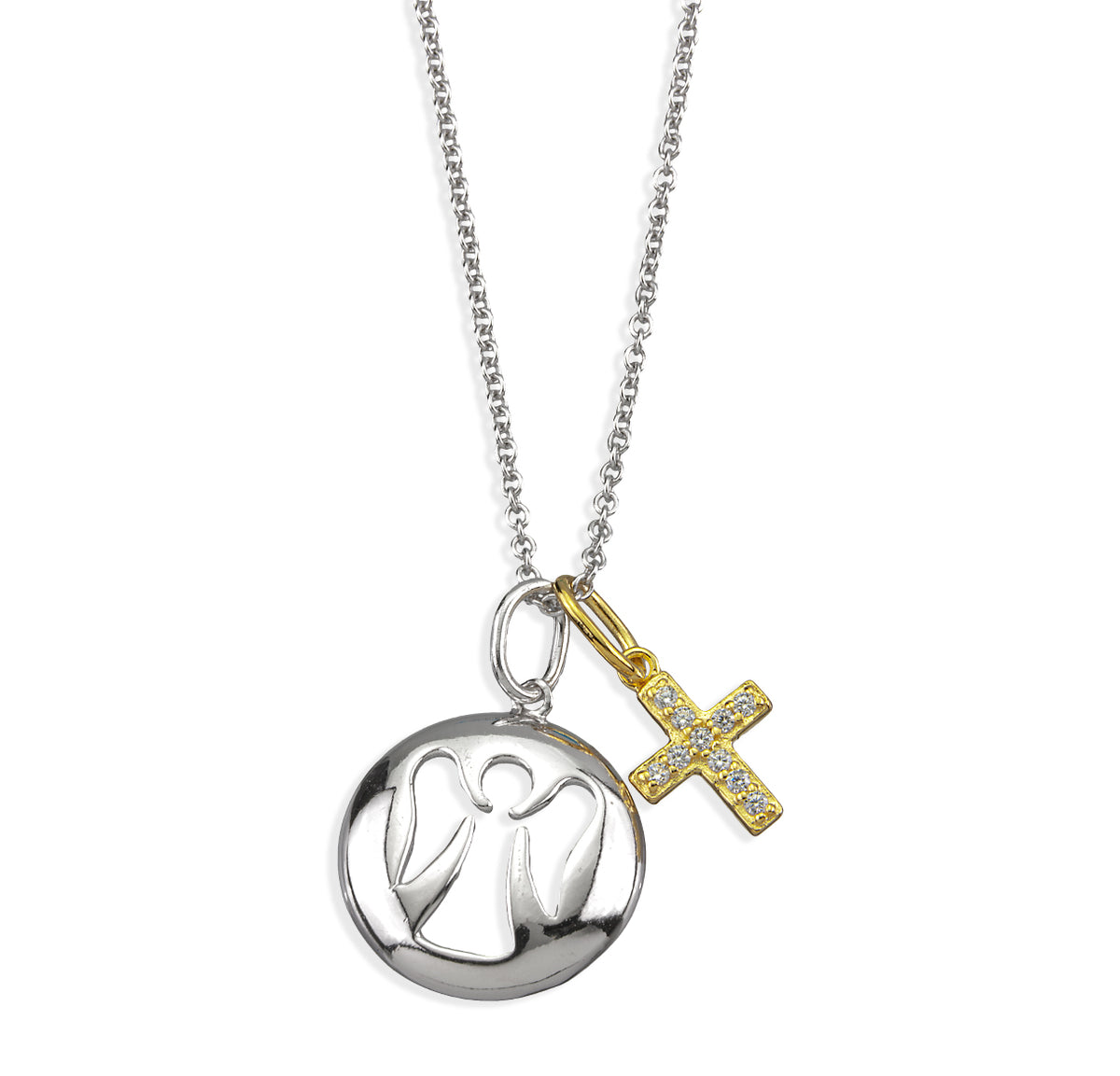 Child's Two-Tone Guardian Angel Medal and Cross Charm Necklace, Sterling Silver