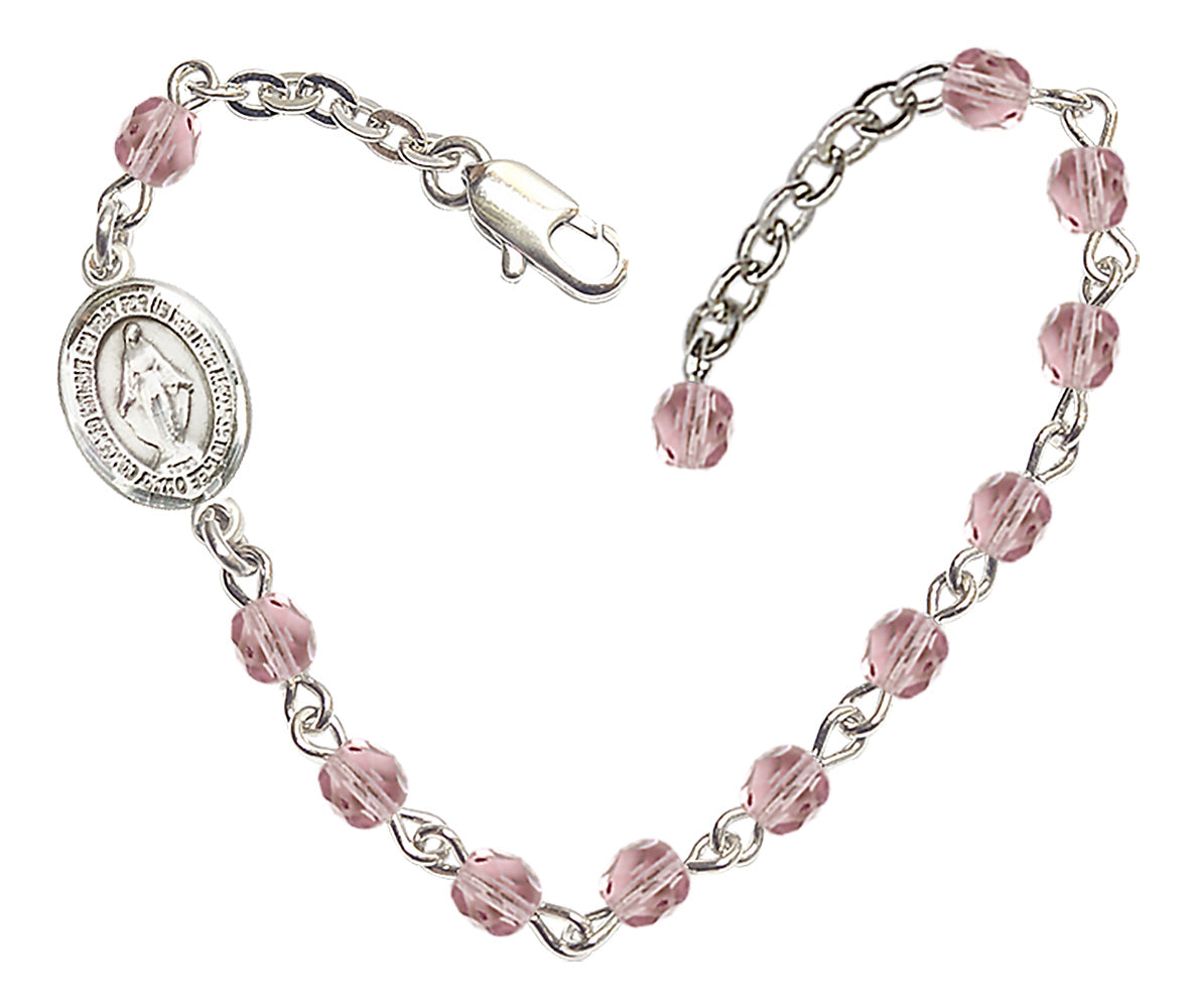 Miraculous Medal Beaded Bracelet - Silver Plate - June - Light Amethyst