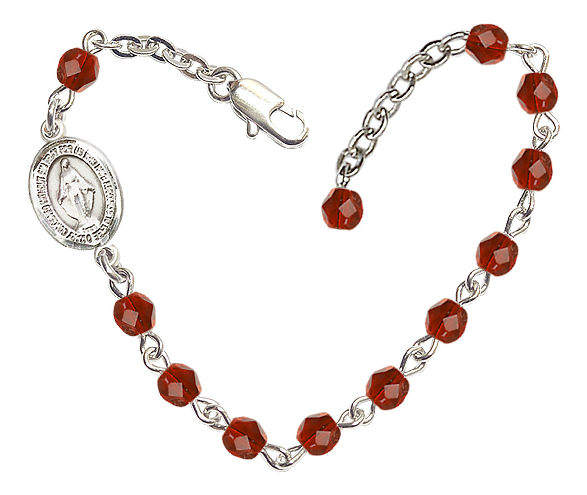 Miraculous Medal Beaded Bracelet - Silver Plate - July - Ruby