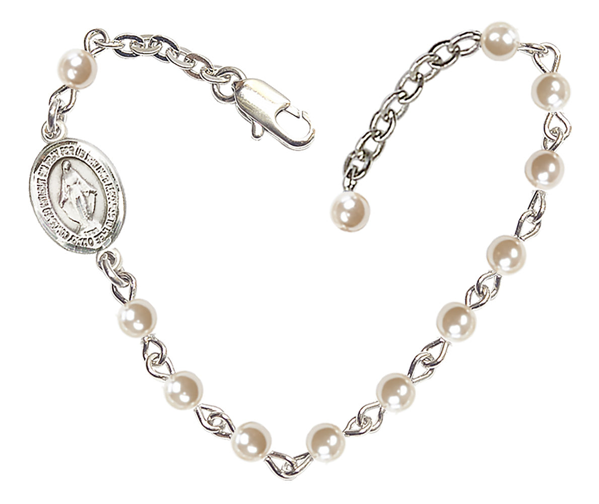 Miraculous Medal Beaded Bracelet - Silver Plate - Imitation Pearl