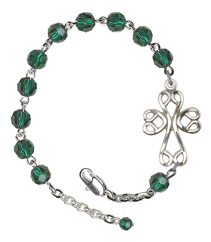 Scroll Cross Emerald Crystal Bracelet - Silver Plate - May - Emerald