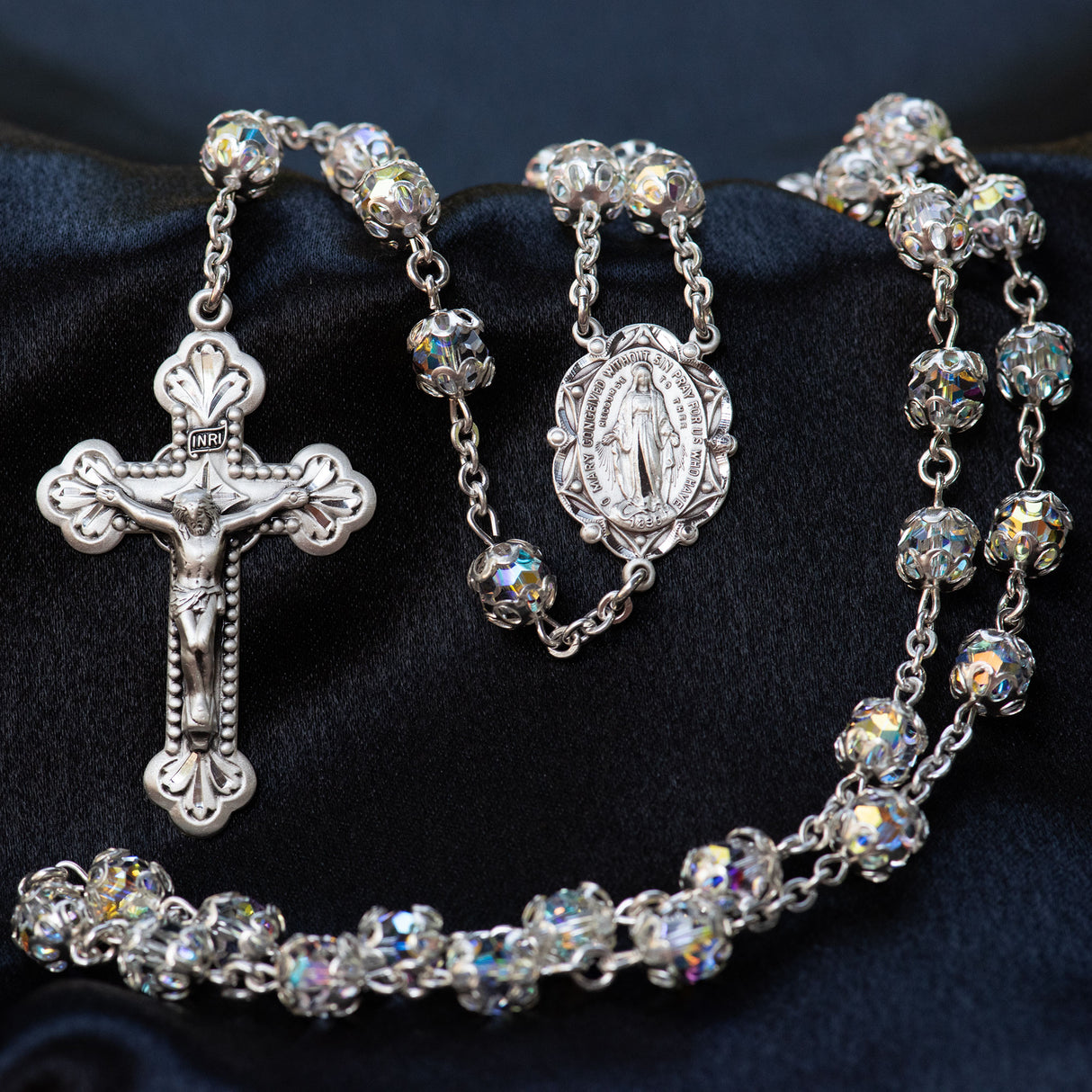 Swarovski Crystal Rosary in Sterling Silver with Baroque Crucifix