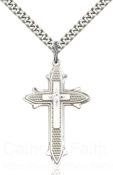 Large Textured Cross Pendant with 3mm Swarovski bead Birthstone Option for Women