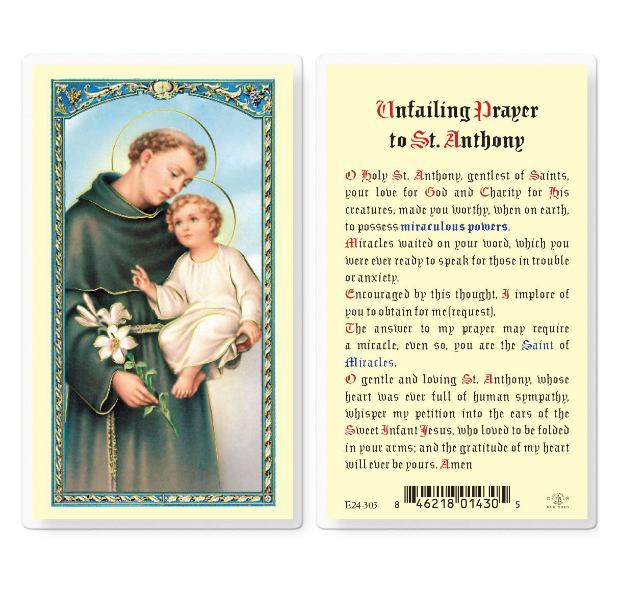 St. Anthony, Unfailing Laminated Prayer Card