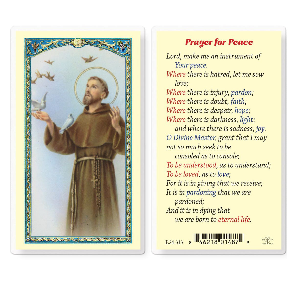 St. Francis, Prayer For Peace Laminated Prayer Card