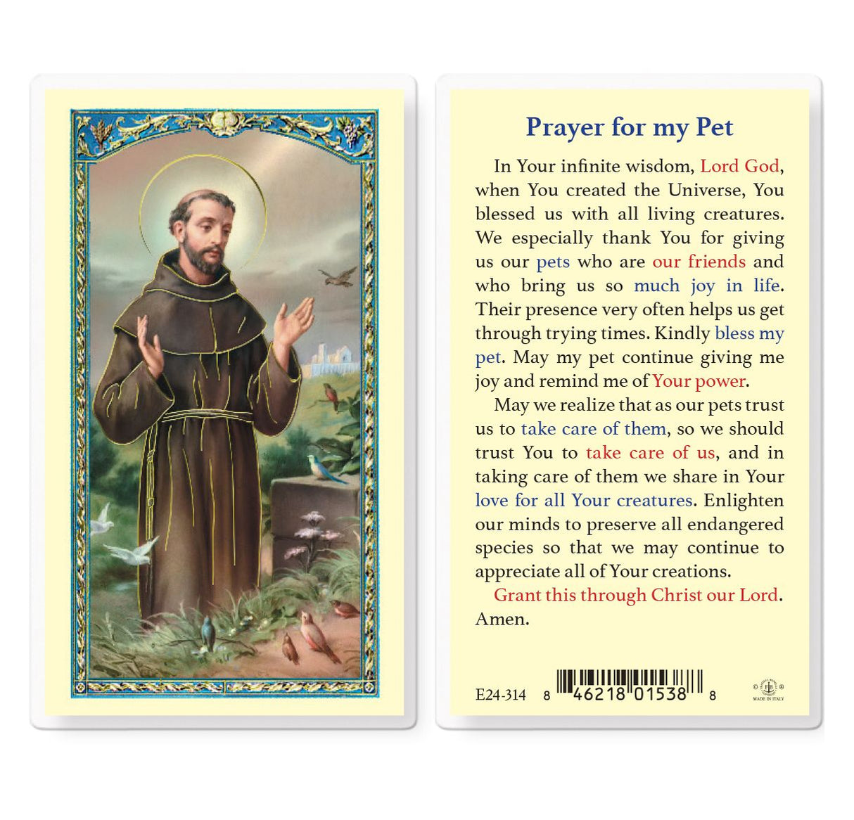 Prayer For My Pet, St. Francis Laminated Prayer Card