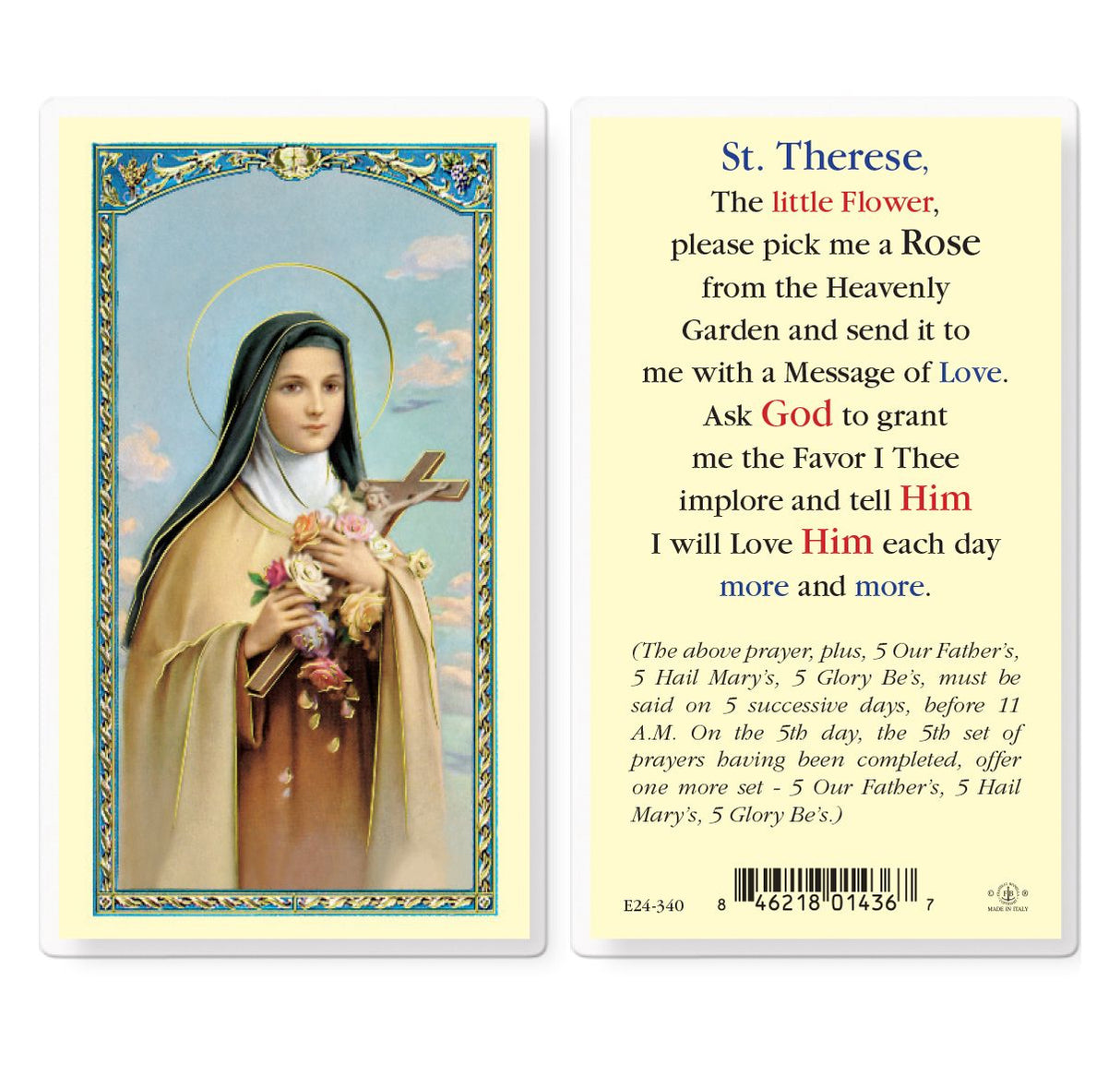 St. Therese Pick Me A Rose Laminated Prayer Card