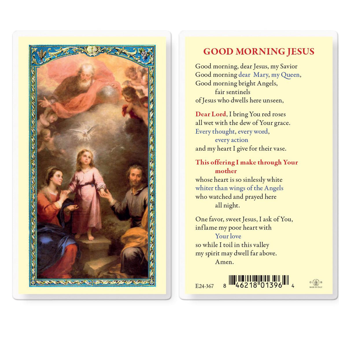 Good Morning Jesus, Holy Family Laminated Prayer Card