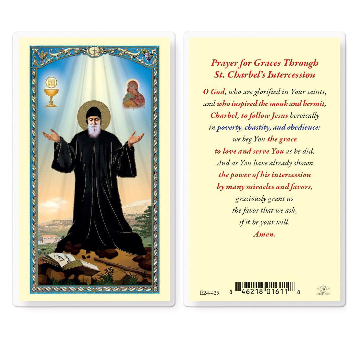 St. Charbel Laminated Prayer Card