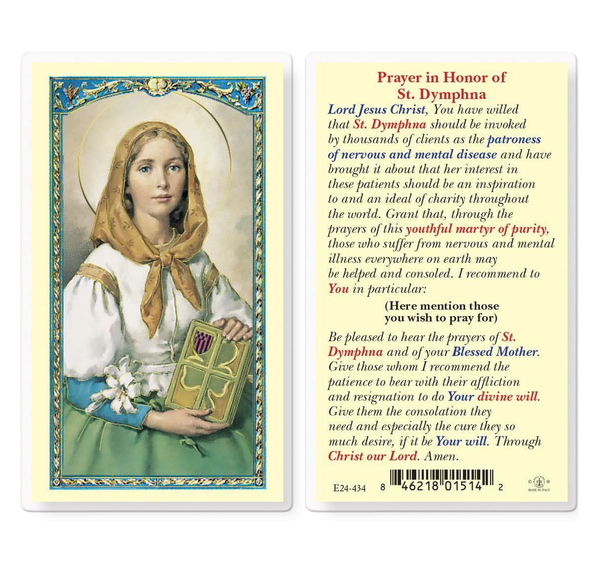 Prayer In Honor of St. Dymphna Laminated Prayer Card