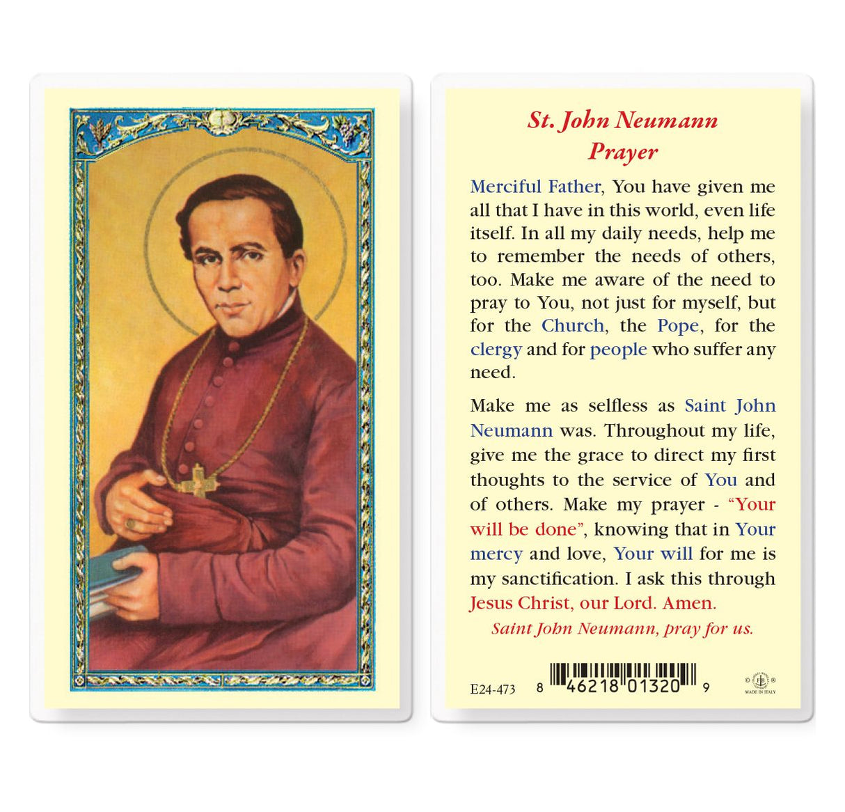 St. John Neumann Pray For Us Laminated Prayer Card