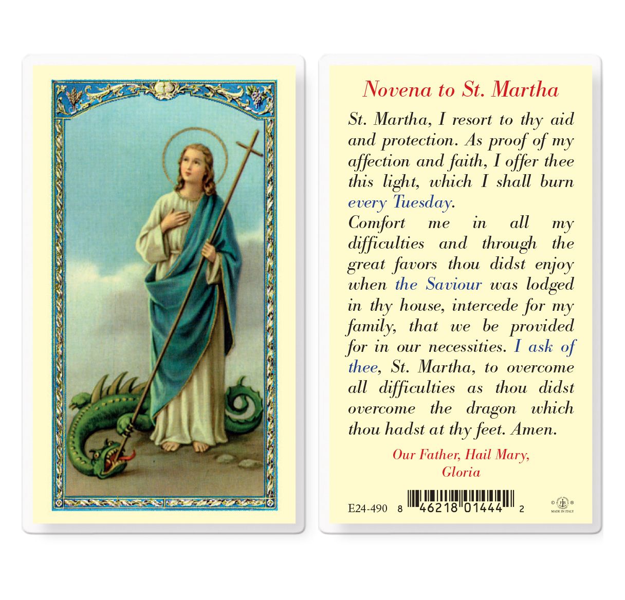 St. Martha Novena Laminated Prayer Card