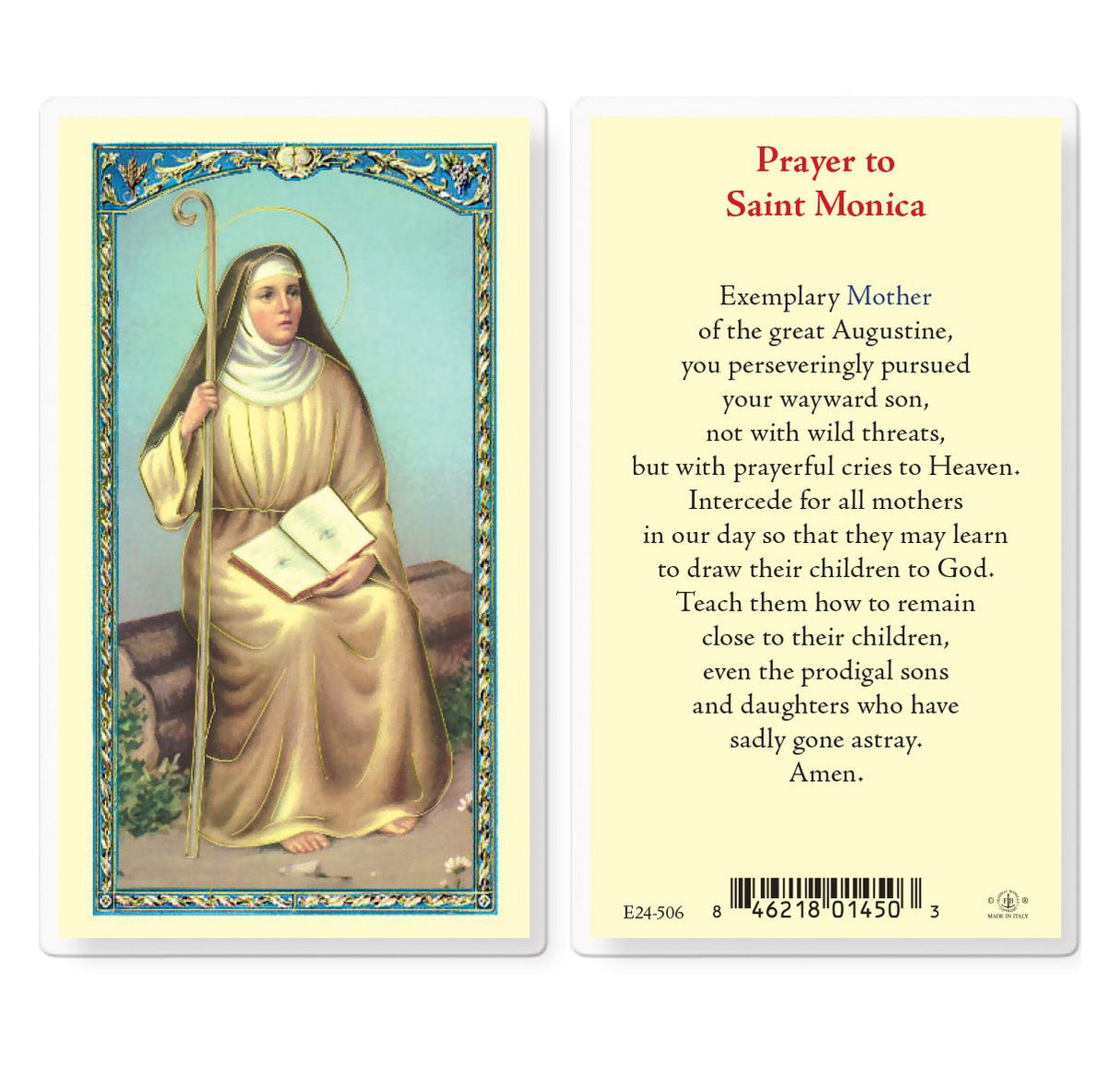 St. Monica Prayer Biography Laminated Prayer Card