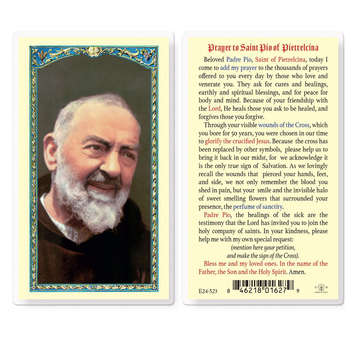 Prayer To St. Pio Laminated Prayer Card