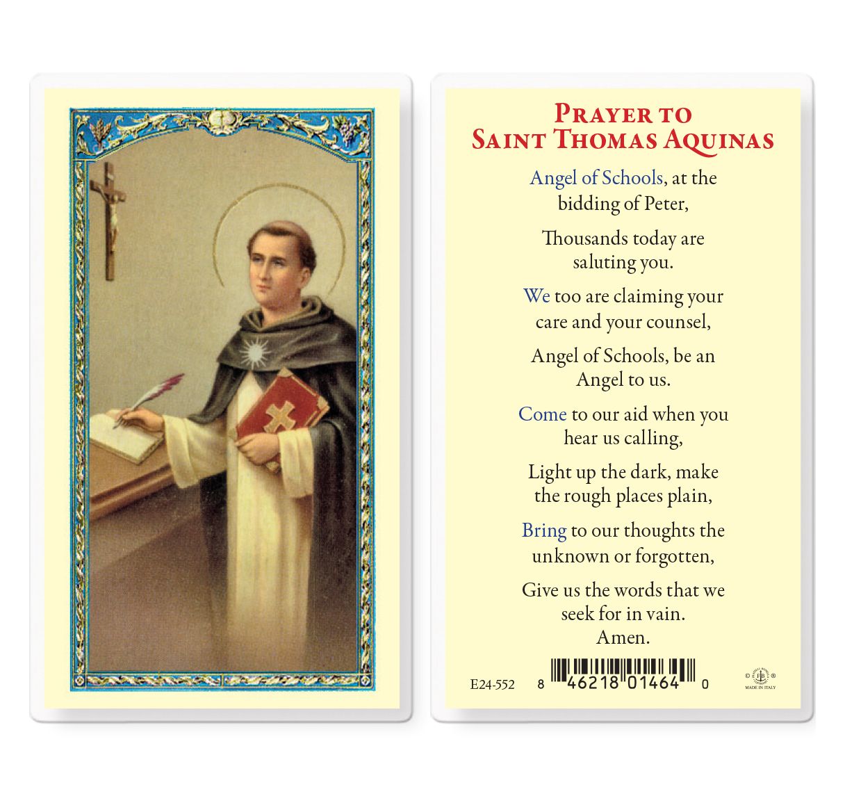 Prayer To St. Thomas Aquinas Laminated Prayer Card