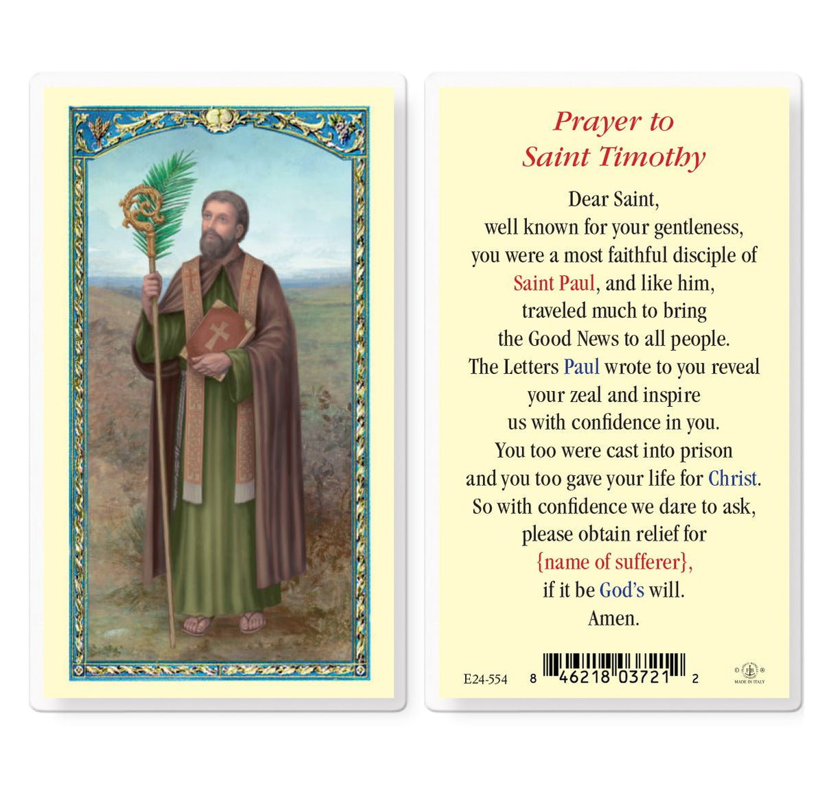 St. Timothy Laminated Prayer Card