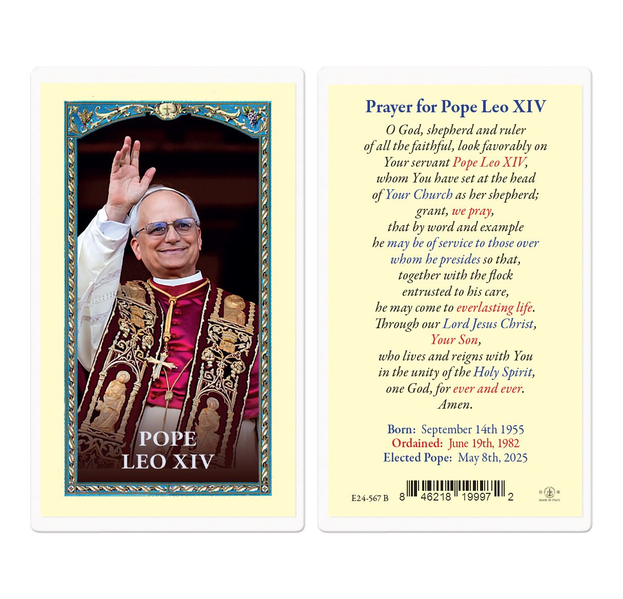 Laminated Pope Leo XIV Prayer Cards – Pack of 25 | Made in Italy