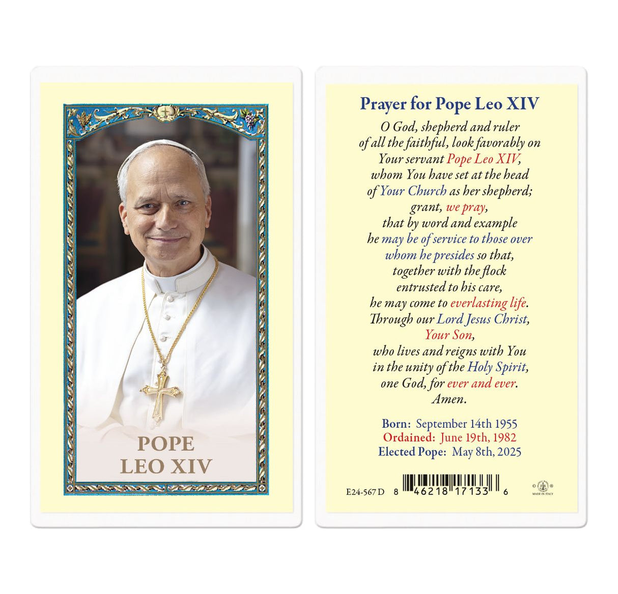 Laminated Pope Leo XIV Prayer Cards – White Cassock | Pack of 25 | Made in Italy