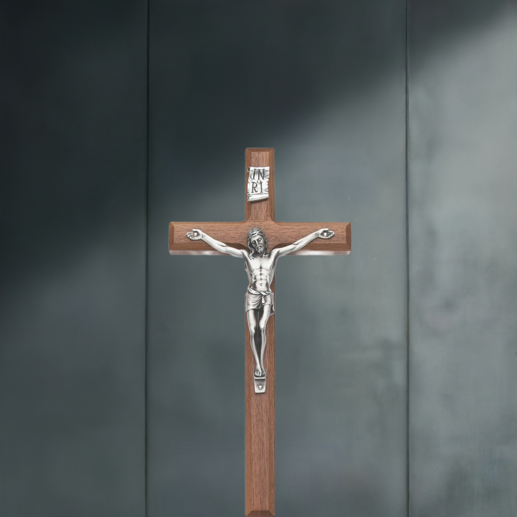 12 Inch Wall Crucifix Walnut with Beveled Edge
