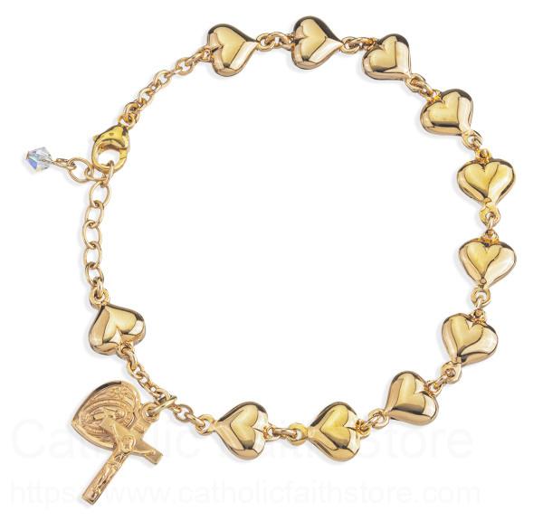 Gold over Sterling Silver Polished Heart Rosary Bracelet 8mm