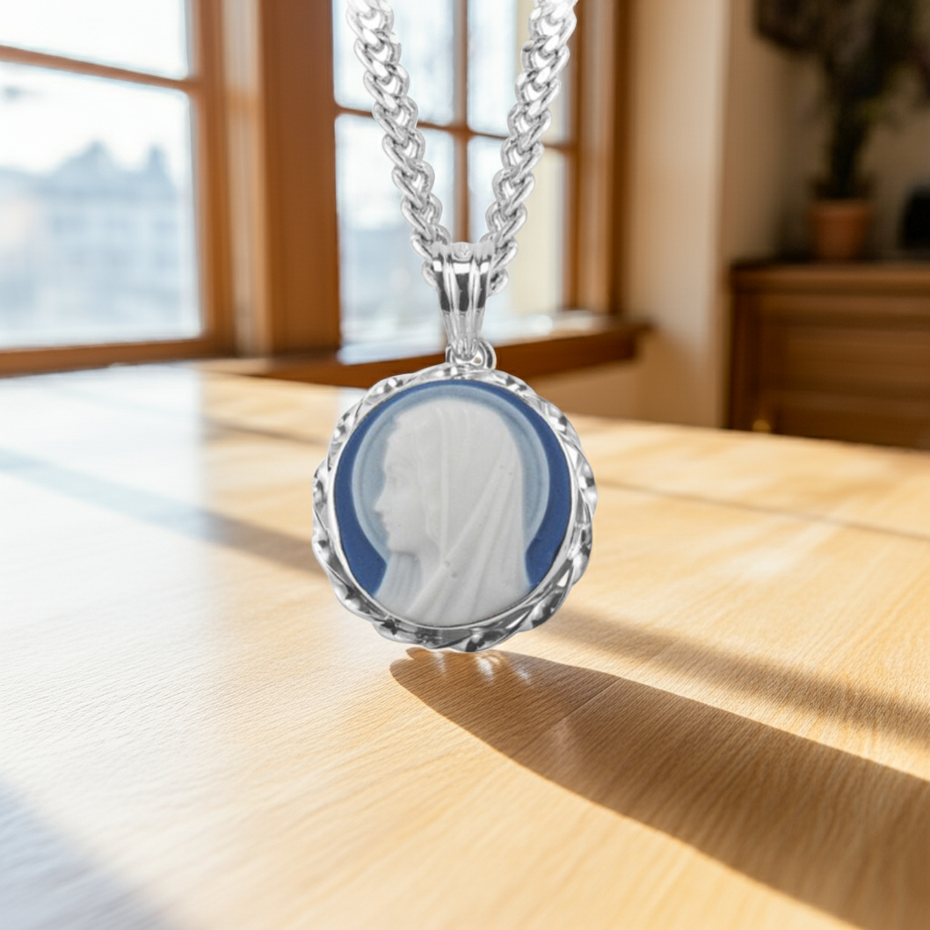 Blessed Virgin Cameo Necklace Blue and White