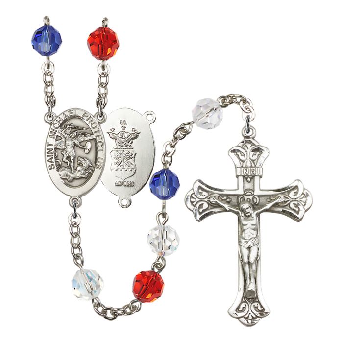 Saint Michael the Archangel Air Force Patriotic Rosary – Handmade in USA, Silver Plated