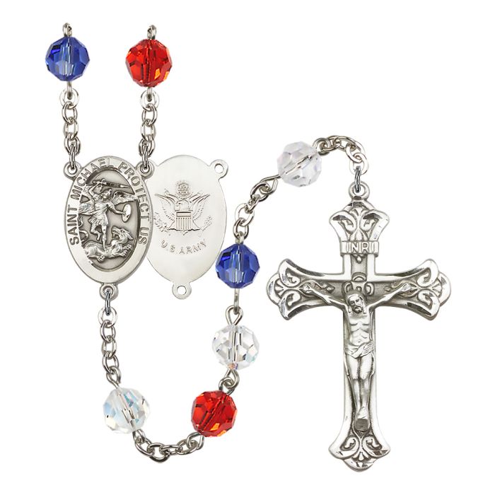 Saint Michael the Archangel US Army Patriotic Rosary – Handmade in USA, Silver Plated