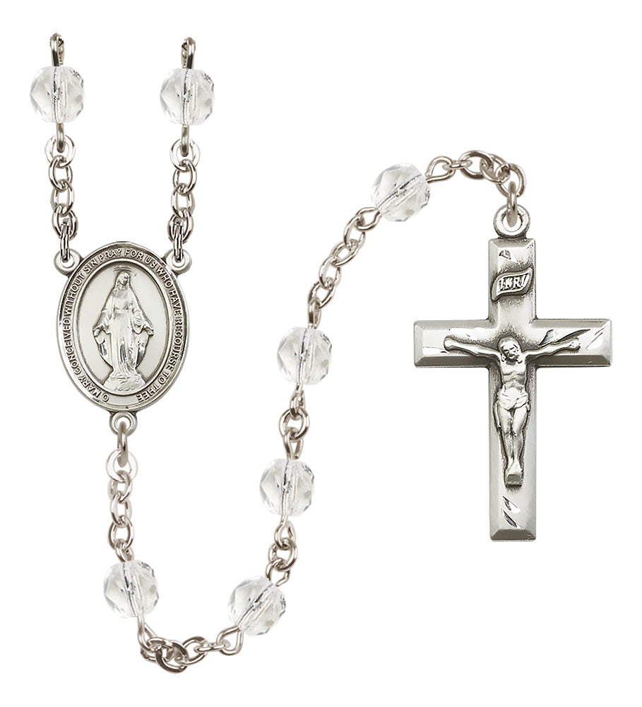 Miraculous Medal Birthstone Rosary, 6mm Fire-Polished Beads, Silver Plated