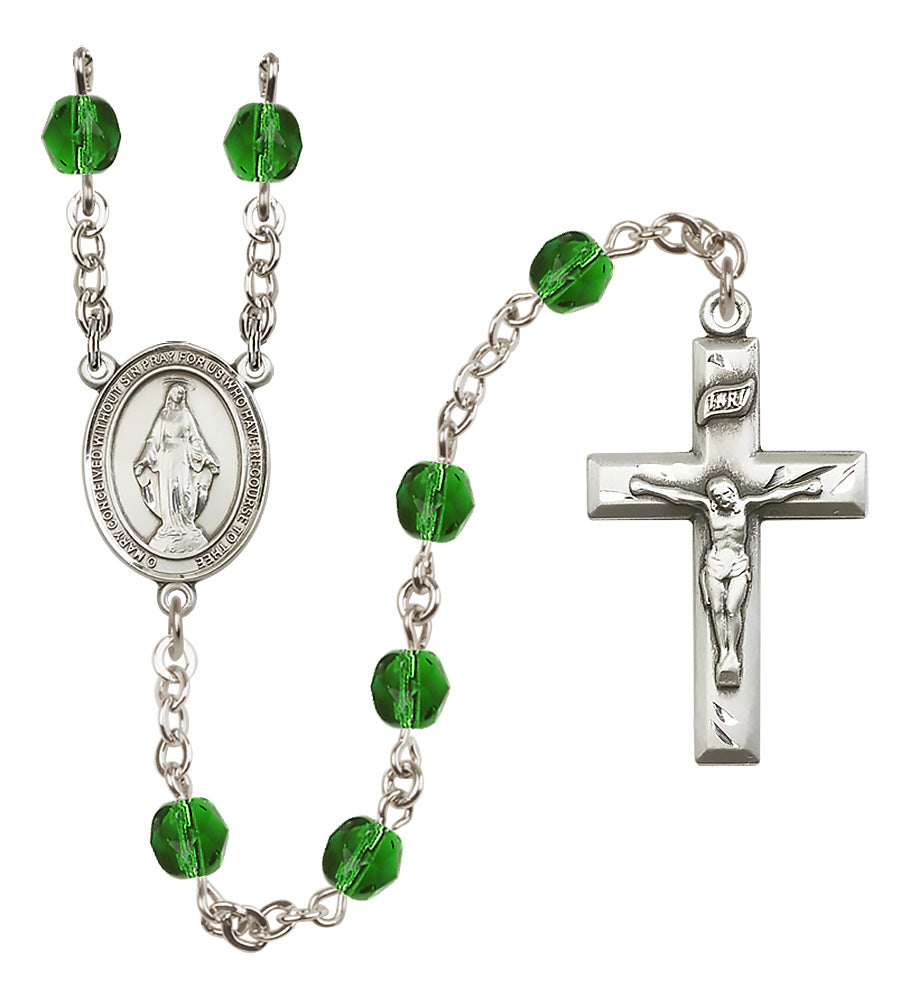 Miraculous Medal Birthstone Rosary, 6mm Fire-Polished Beads, Silver Plated