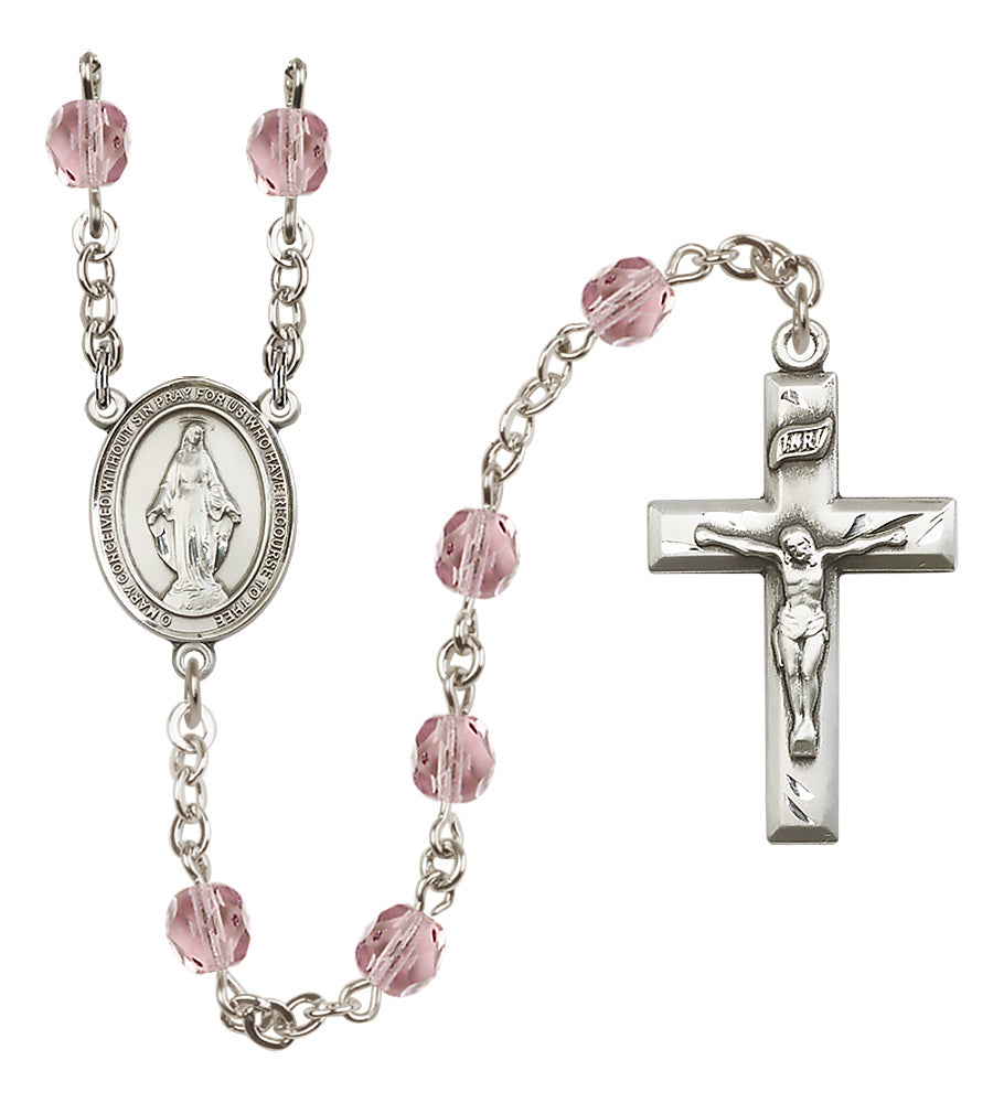 Miraculous Medal Birthstone Rosary, 6mm Fire-Polished Beads, Silver Plated