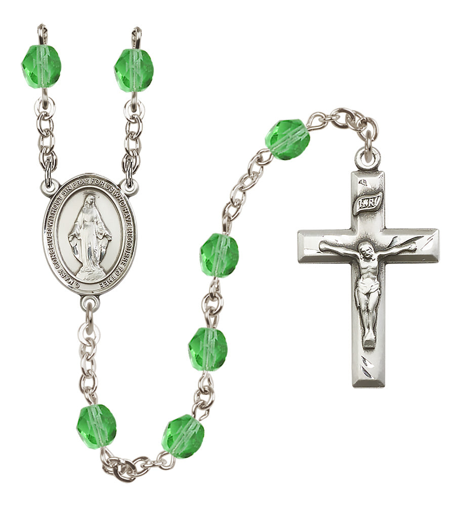 Miraculous Medal Birthstone Rosary, 6mm Fire-Polished Beads, Silver Plated