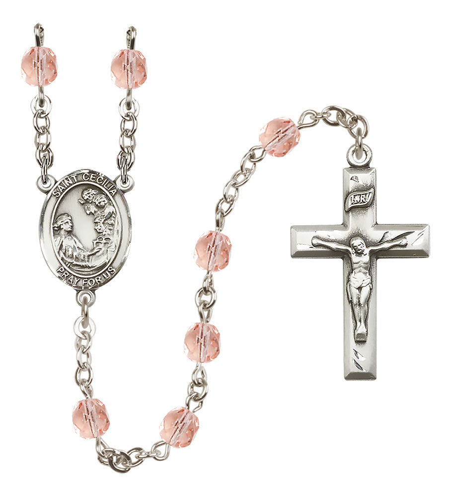 Saint Cecilia Birthstone Rosary, 6mm Fire-Polished Beads, Silver Plated