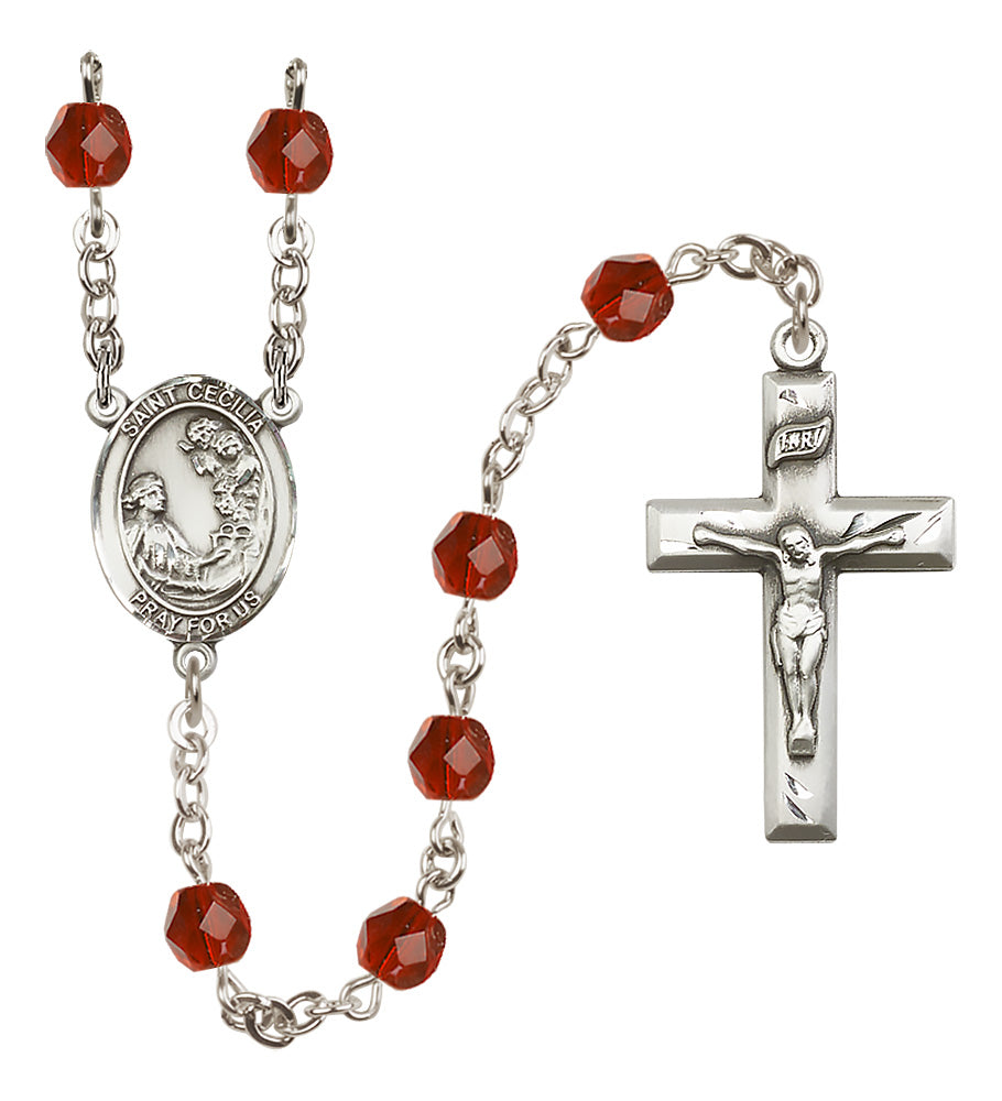 Saint Cecilia Birthstone Rosary, 6mm Fire-Polished Beads, Silver Plated