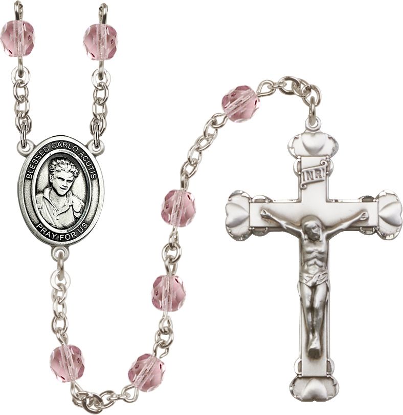 St. Carlo Acutis Birthstone Rosary, 6mm Glass Beads & Silver-Plated Details
