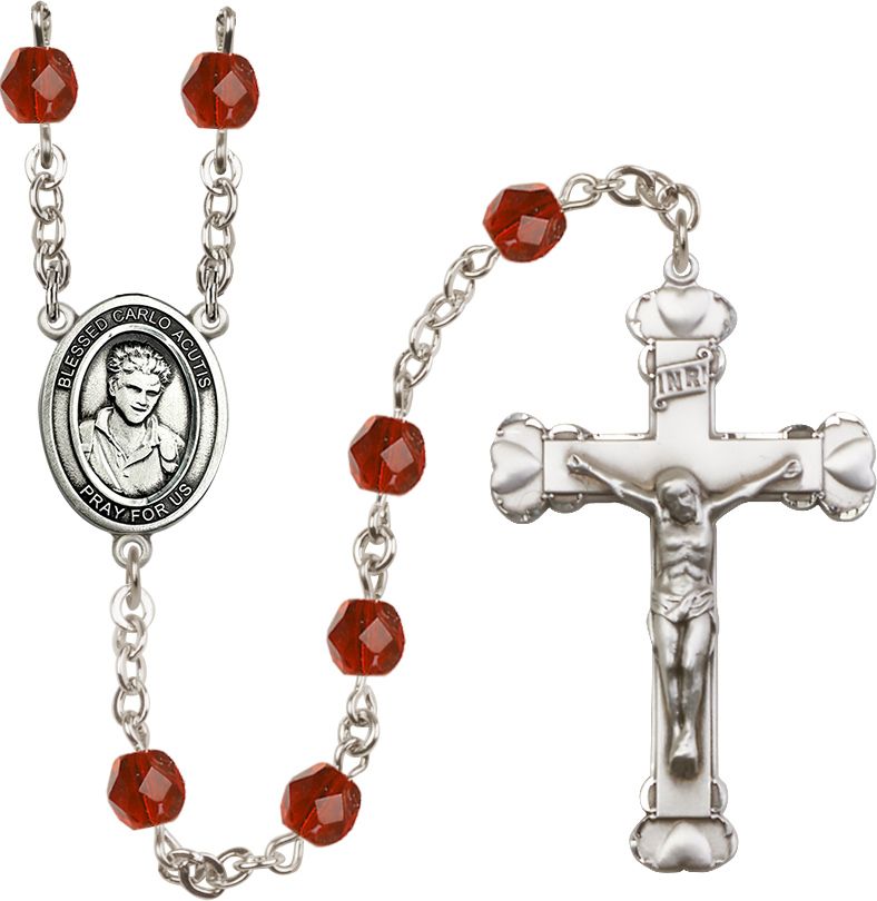 St. Carlo Acutis Birthstone Rosary, 6mm Glass Beads & Silver-Plated Details