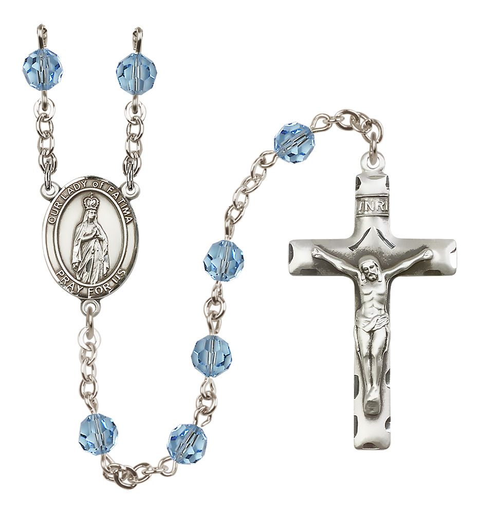 Our Lady of Fatima Sterling Silver Rosary, Austrian Crystal & Squared Crucifix
