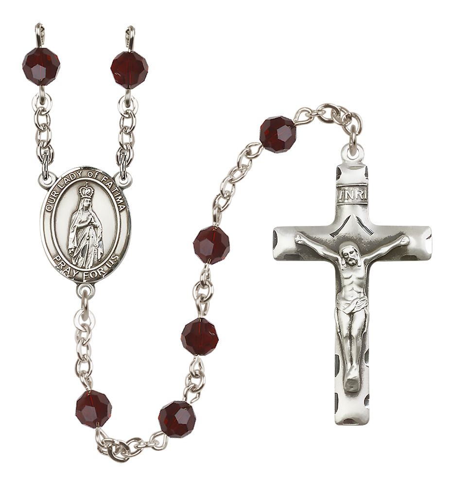 Our Lady of Fatima Sterling Silver Rosary, Austrian Crystal & Squared Crucifix