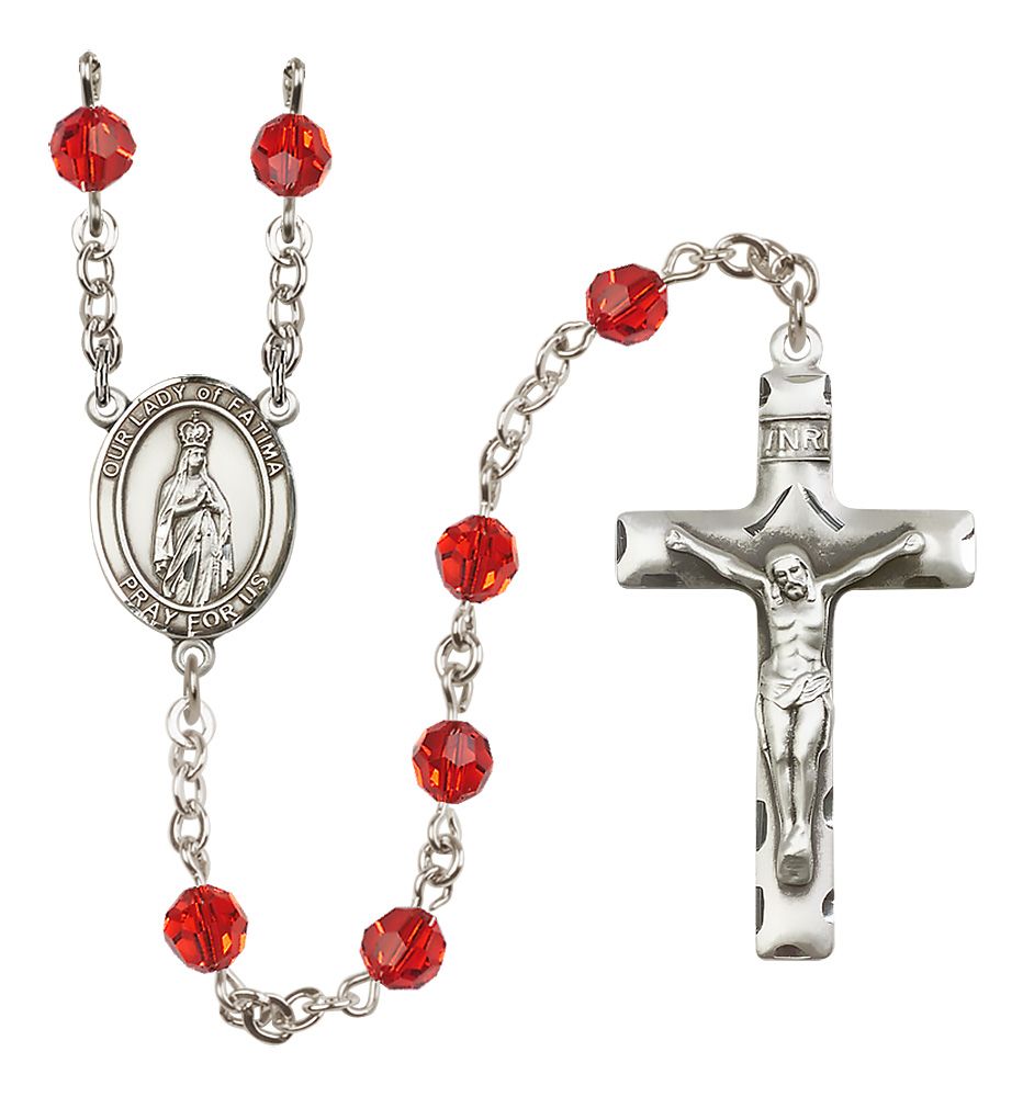 Our Lady of Fatima Sterling Silver Rosary, Austrian Crystal & Squared Crucifix