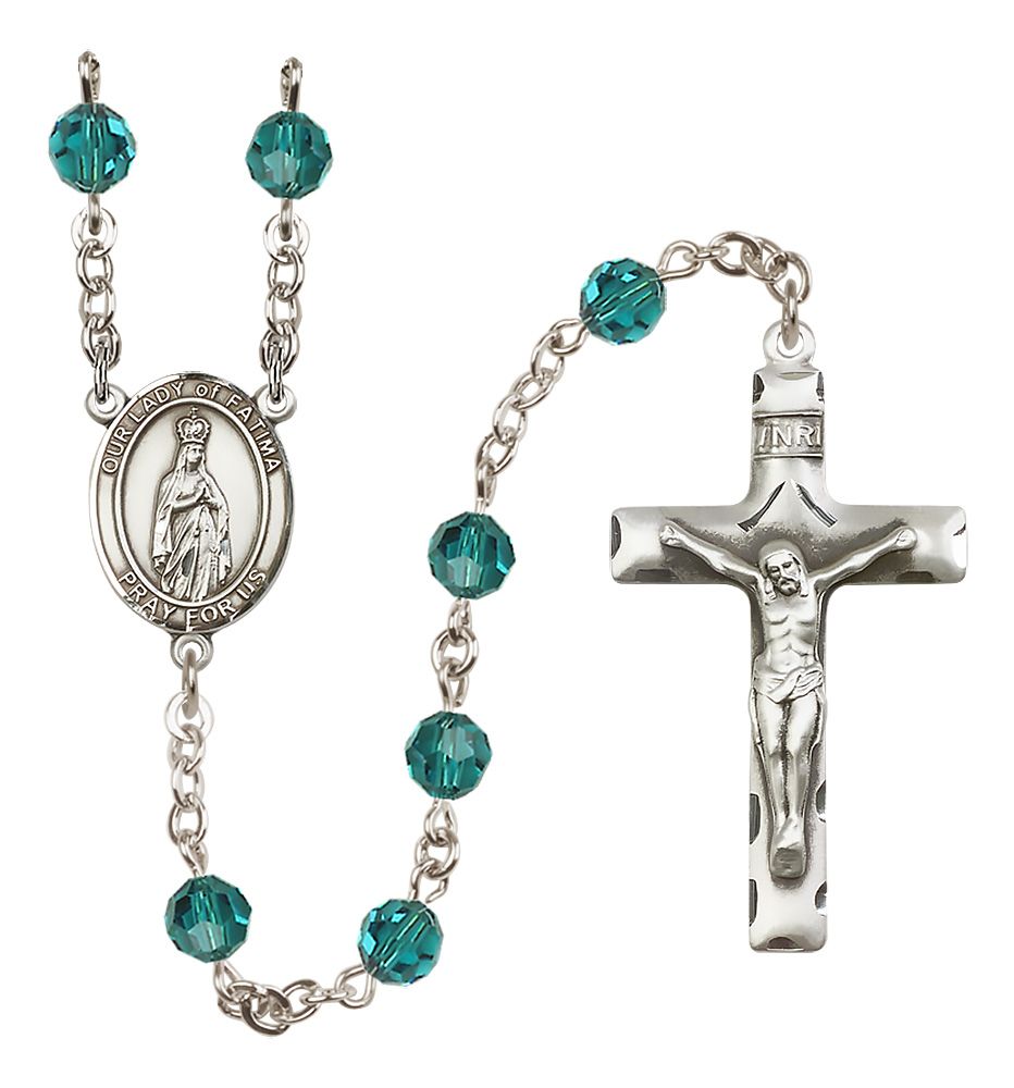 Our Lady of Fatima Sterling Silver Rosary, Austrian Crystal & Squared Crucifix