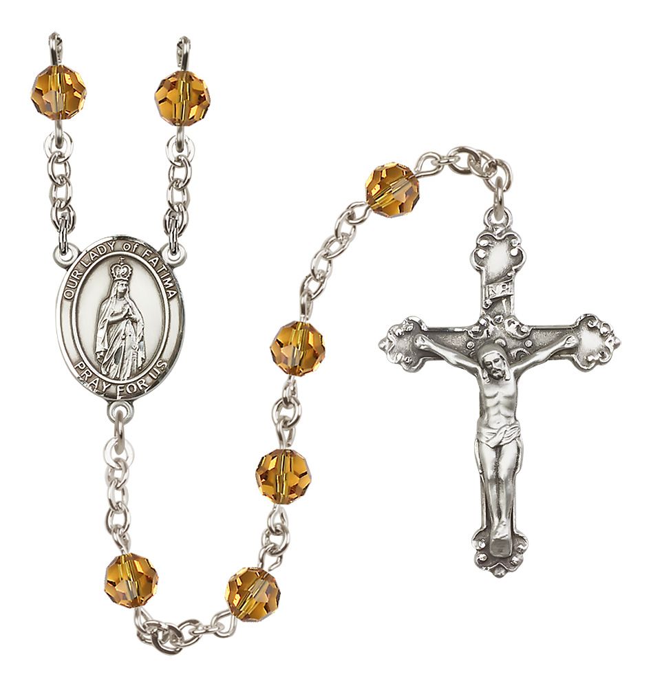 Our Lady of Fatima Sterling Silver Rosary, 6mm Austrian Crystal
