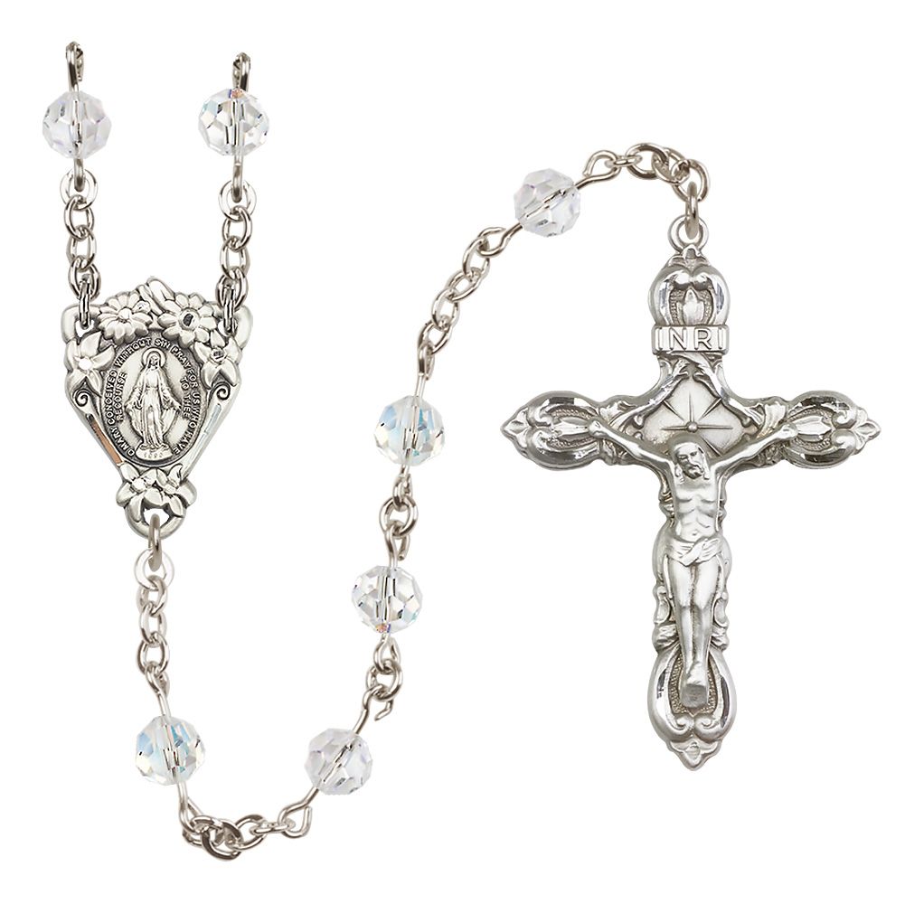 Sterling Silver Floral Miraculous Medal Rosary with 6 mm Austrian Crystal Beads