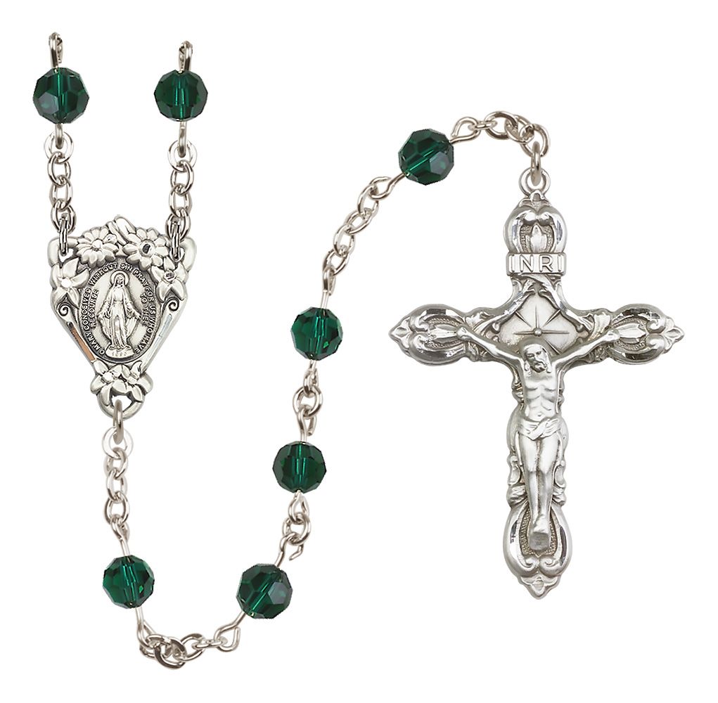 Sterling Silver Floral Miraculous Medal Rosary with 6 mm Austrian Crystal Beads