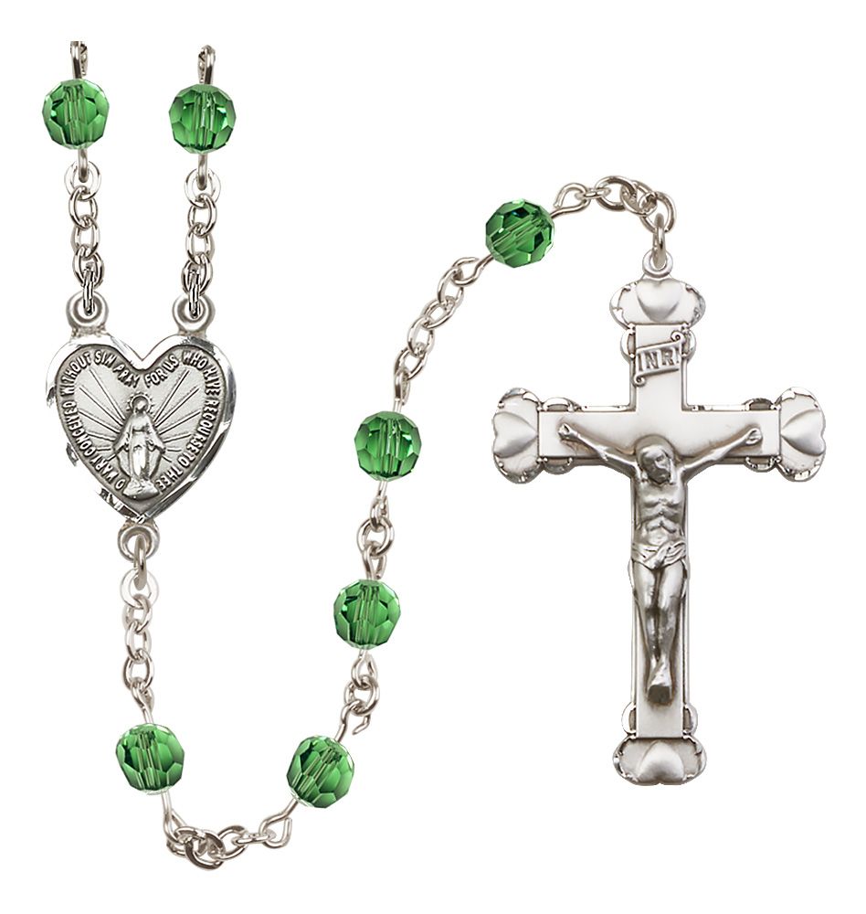Sterling Silver Heart Miraculous Medal Rosary with 6 mm Austrian Crystal Beads