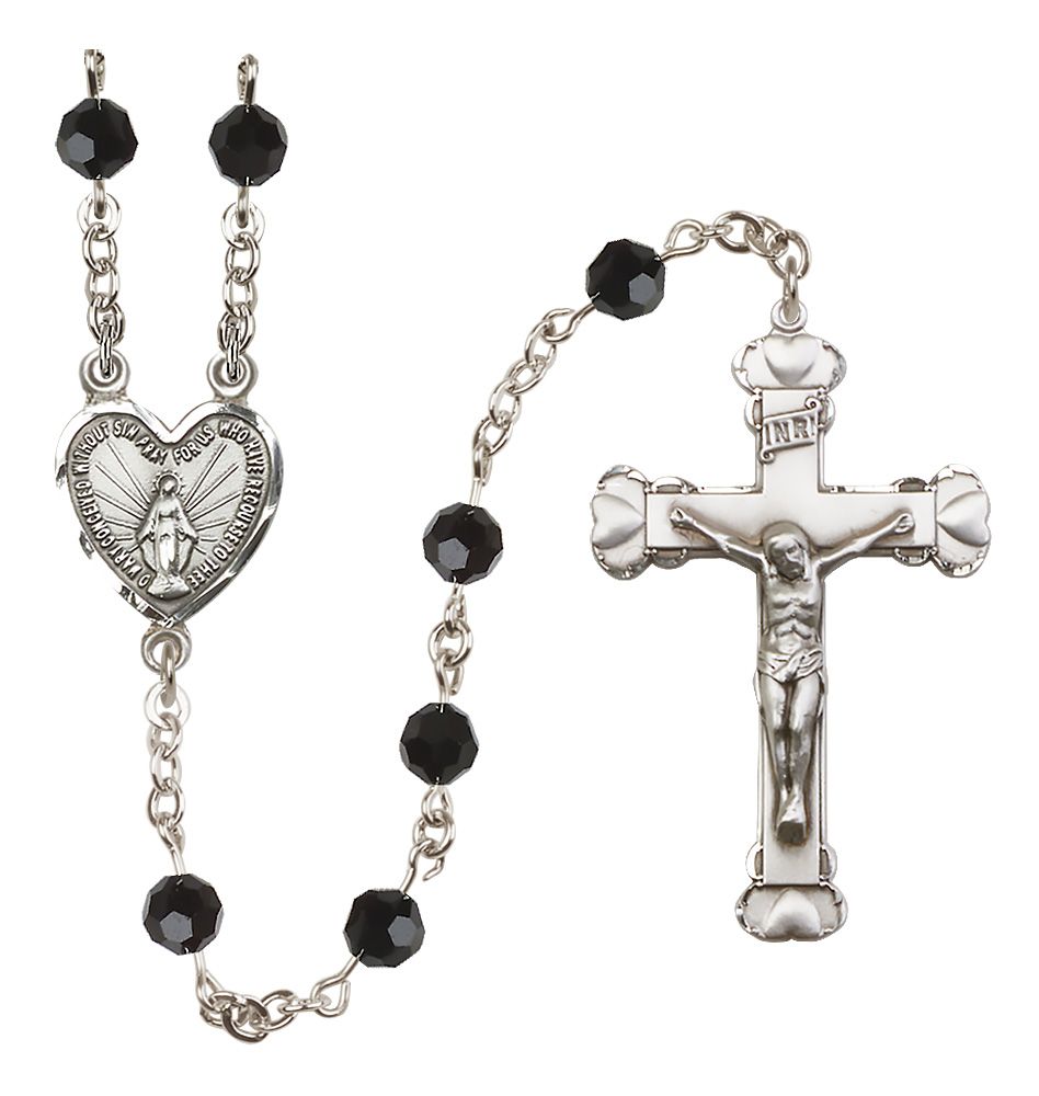 Sterling Silver Heart Miraculous Medal Rosary with 6 mm Austrian Crystal Beads