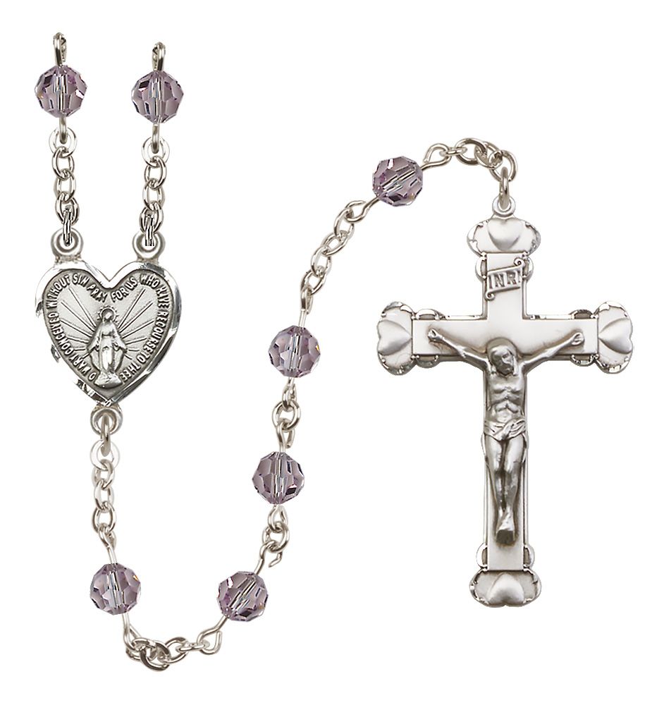 Sterling Silver Heart Miraculous Medal Rosary with 6 mm Austrian Crystal Beads