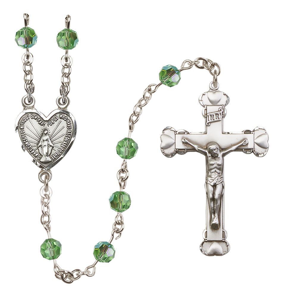 Sterling Silver Heart Miraculous Medal Rosary with 6 mm Austrian Crystal Beads